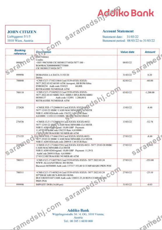 Austria Addiko bank statement template in Word and PDF format